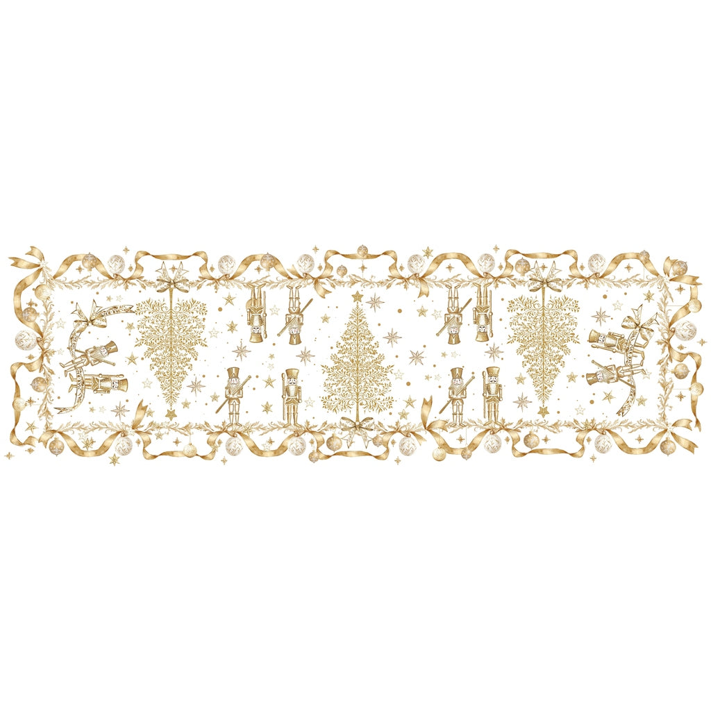 Runner natalizio Blanc Mariclò Magia d'Oro, 50x155 cm. Fondo bianco con raffinata stampa dorata di schiaccianoci, alberi di Natale e stelle. Bordi smerlati con motivi a ghirlanda e fiocchi.