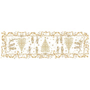 Runner natalizio Blanc Mariclò Magia d'Oro, 50x155 cm. Fondo bianco con raffinata stampa dorata di schiaccianoci, alberi di Natale e stelle. Bordi smerlati con motivi a ghirlanda e fiocchi.