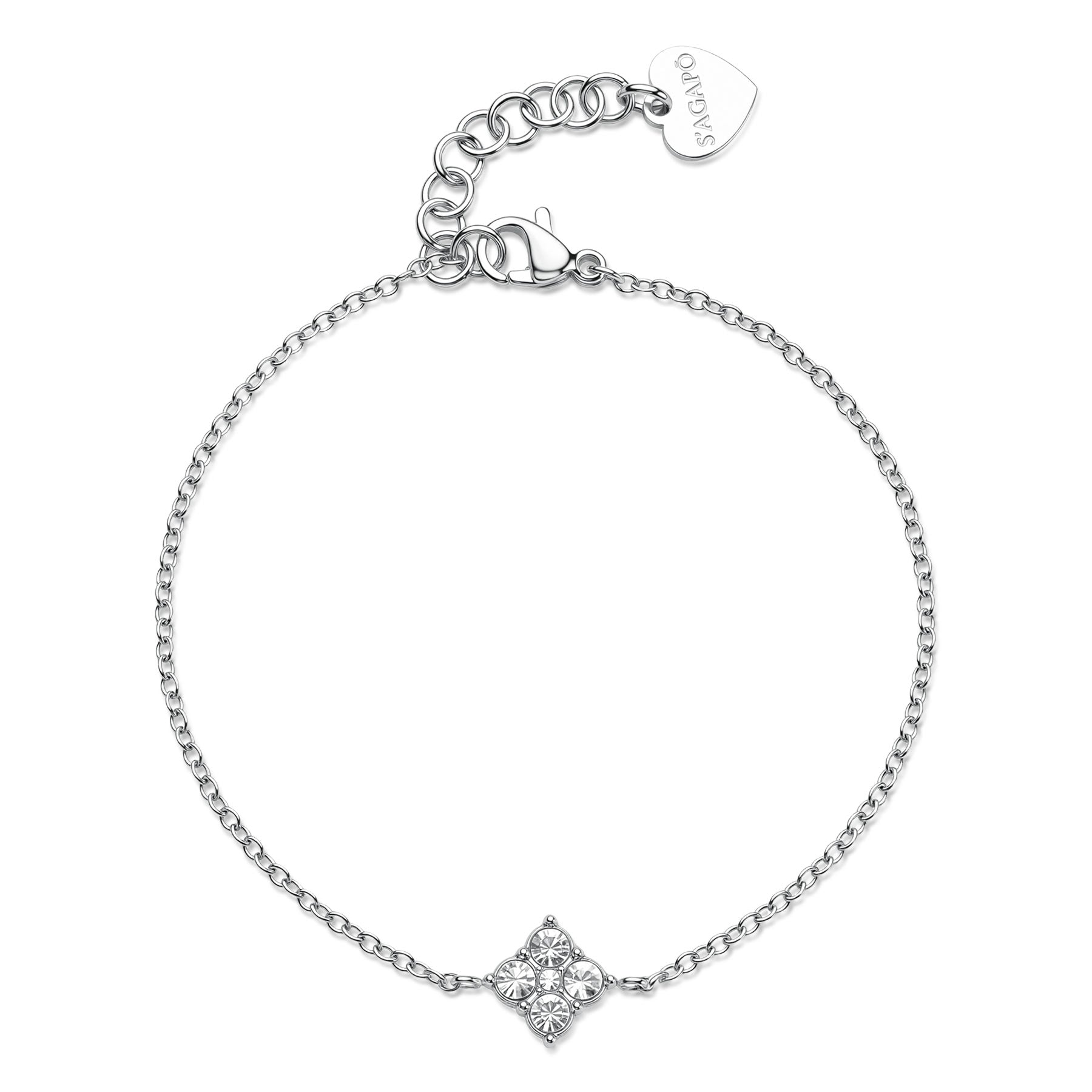 Bracciale S'Agapō della collezione Gleam in acciaio anallergico, caratterizzato da una sottile catenina a maglie e un charm centrale a forma di quadrifoglio stilizzato impreziosito da quattro cristalli bianchi circolari. Il gioiello è completato da una chiusura a moschettone con catenina di regolazione e un piccolo pendente a cuore logato.