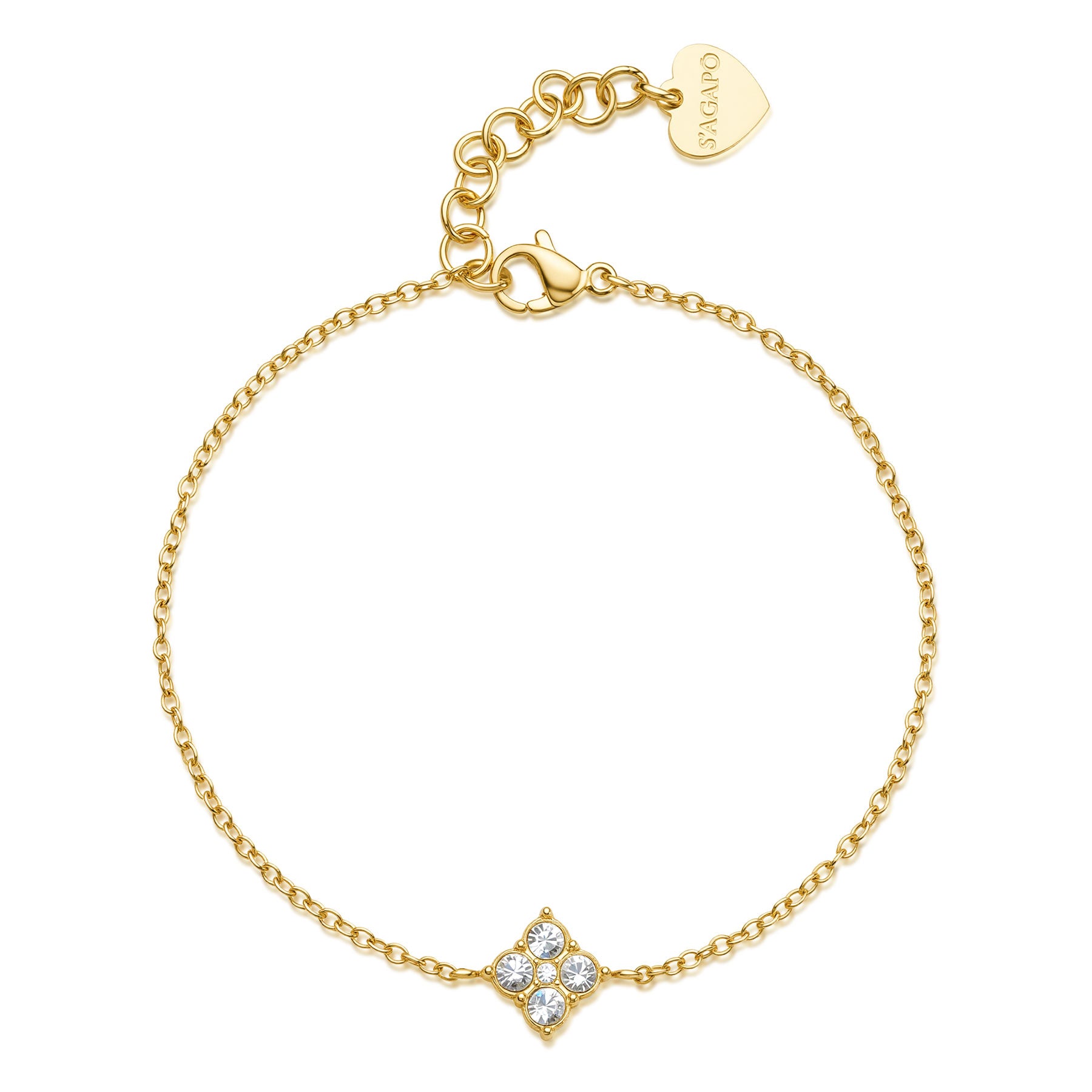 Bracciale S'Agapō della collezione Gleam in acciaio anallergico, finitura pvd oro 14K, caratterizzato da una sottile catenina a maglie e un charm centrale a forma di quadrifoglio stilizzato impreziosito da quattro cristalli bianchi circolari. Il gioiello è completato da una chiusura a moschettone con catenina di regolazione e un piccolo pendente a cuore logato.