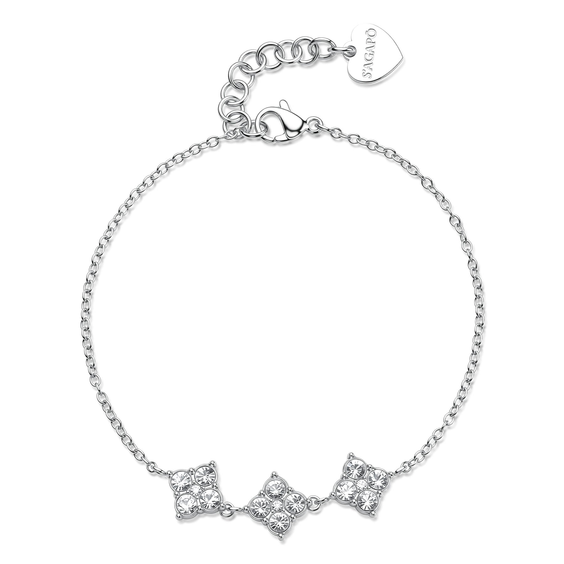 Bracciale S'Agapō della collezione Gleam in acciaio anallergico con sottile catenina a maglie, caratterizzato da tre charm centrali a forma di quadrifoglio stilizzato impreziositi da cristalli bianchi circolari e chiusura a moschettone con pendente a cuore logato.