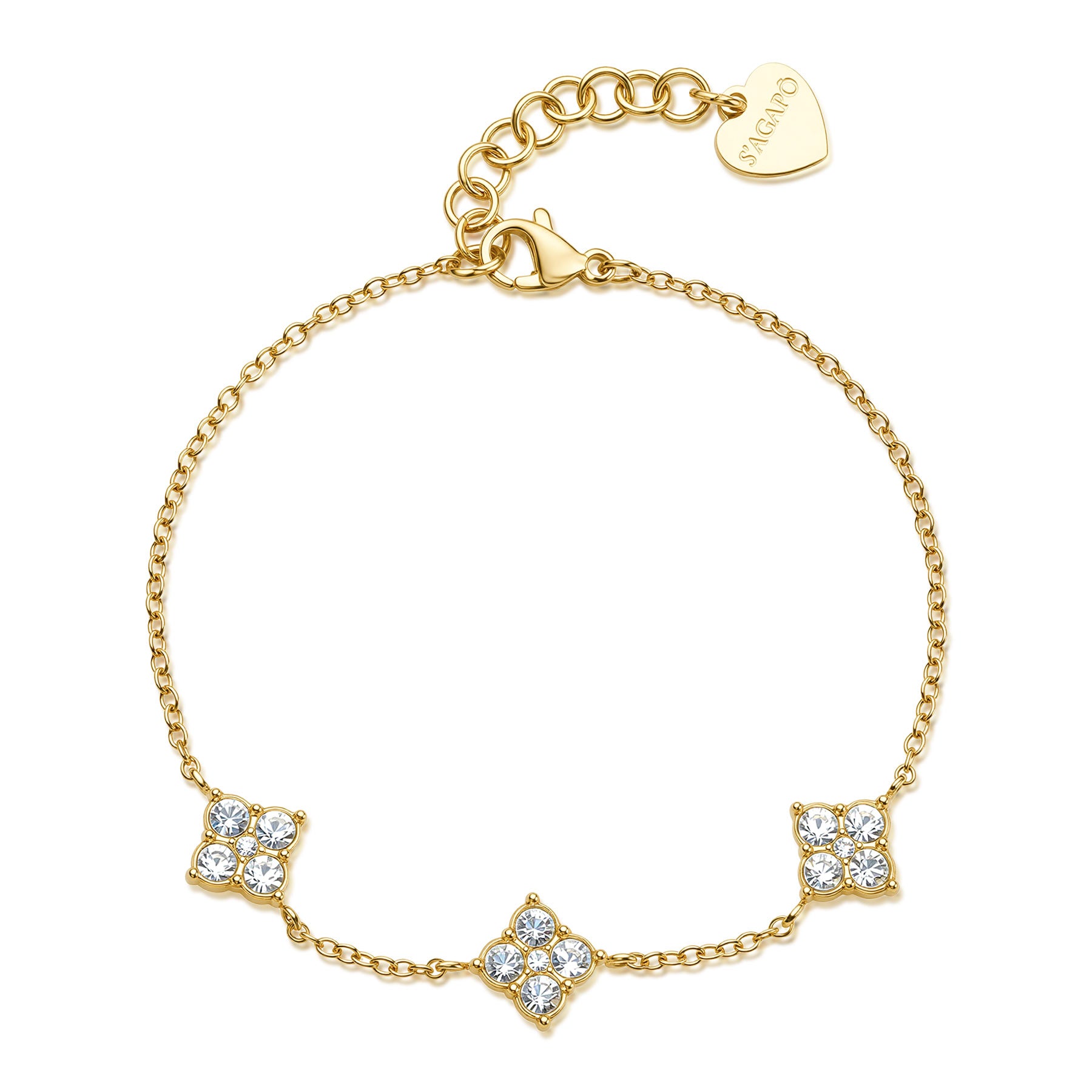 Bracciale S'Agapō della collezione Gleam in acciaio anallergico e finitura pvd oro 14K con sottile catenina a maglie, caratterizzato da tre charm centrali a forma di quadrifoglio stilizzato impreziositi da cristalli bianchi circolari e chiusura a moschettone con pendente a cuore logato.