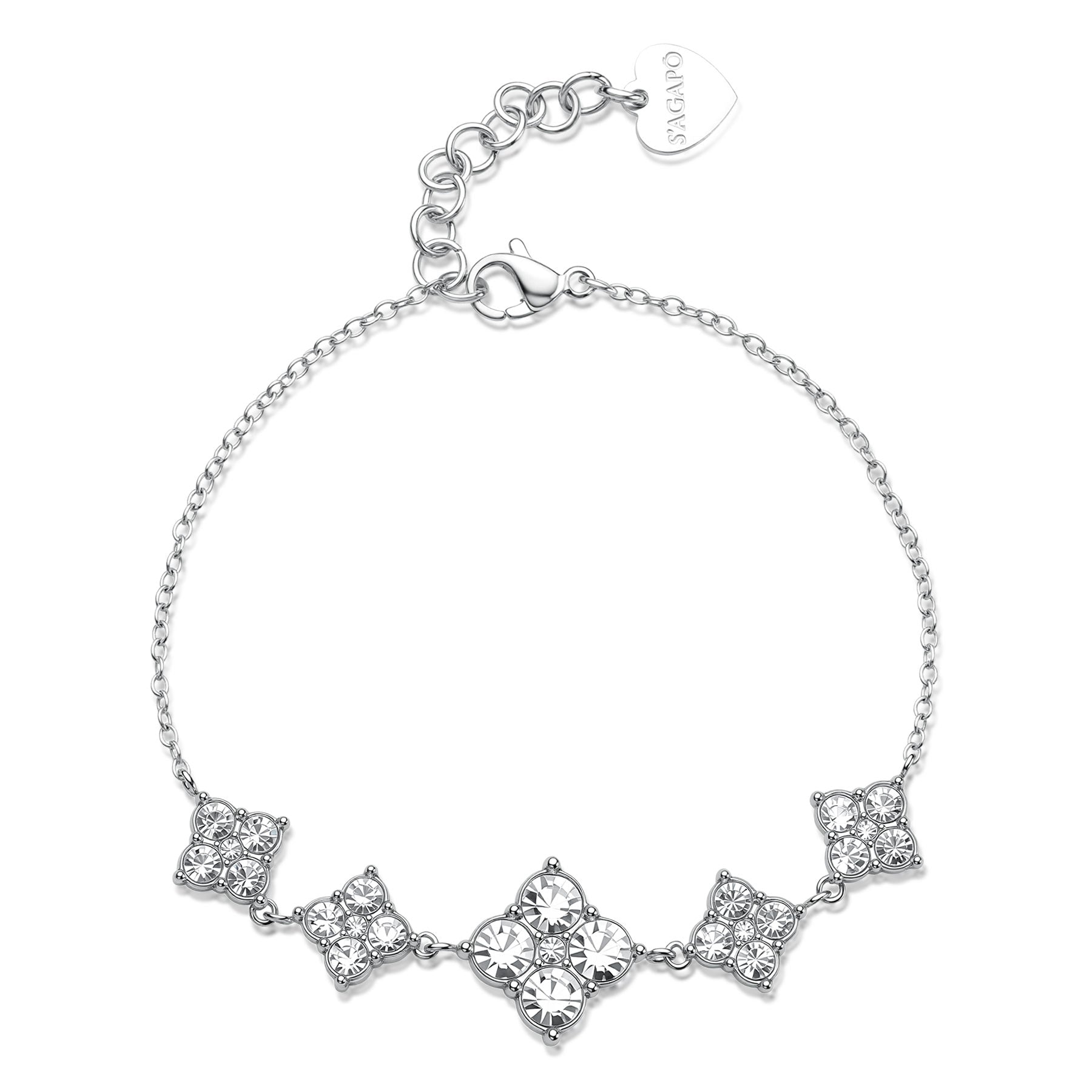 Bracciale S'Agapõ della collezione Gleam in acciaio anallergico con sottile catenina a maglie, impreziosito da cinque charm centrali a forma di quadrifoglio stilizzato di diverse dimensioni con cristalli bianchi circolari e chiusura a moschettone con pendente a cuore logato.