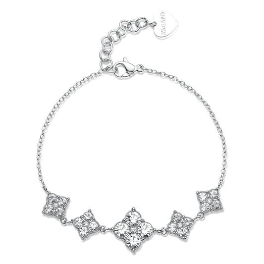 Bracciale S'Agapõ della collezione Gleam in acciaio anallergico con sottile catenina a maglie, impreziosito da cinque charm centrali a forma di quadrifoglio stilizzato di diverse dimensioni con cristalli bianchi circolari e chiusura a moschettone con pendente a cuore logato.