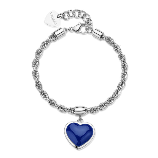 Bracciale S'Agapõ della collezione Madame in acciaio lucido, caratterizzato da una catena a maglia intrecciata e un pendente a forma di cuore con pietra cabochon blu zaffiro.