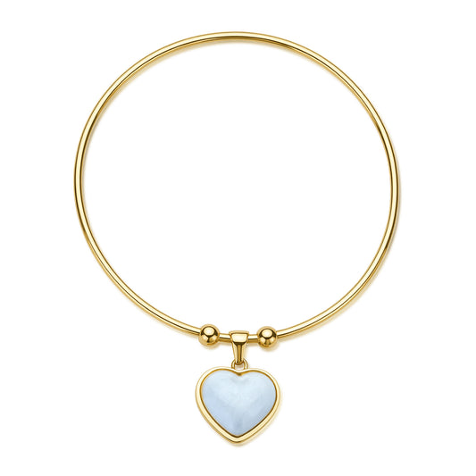 Bracciale rigido S'Agapõ della collezione Madame in acciaio lucido e finitura pvd oro 14K , caratterizzato da una struttura a cerchio sottile con charm centrale a forma di cuore in pietra bianco perla