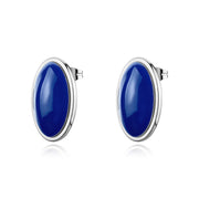Orecchini ovali S'Agapõ della collezione Madame in acciaio lucido, caratterizzato da due medaglioni con dentro una pietra blu zaffiro.