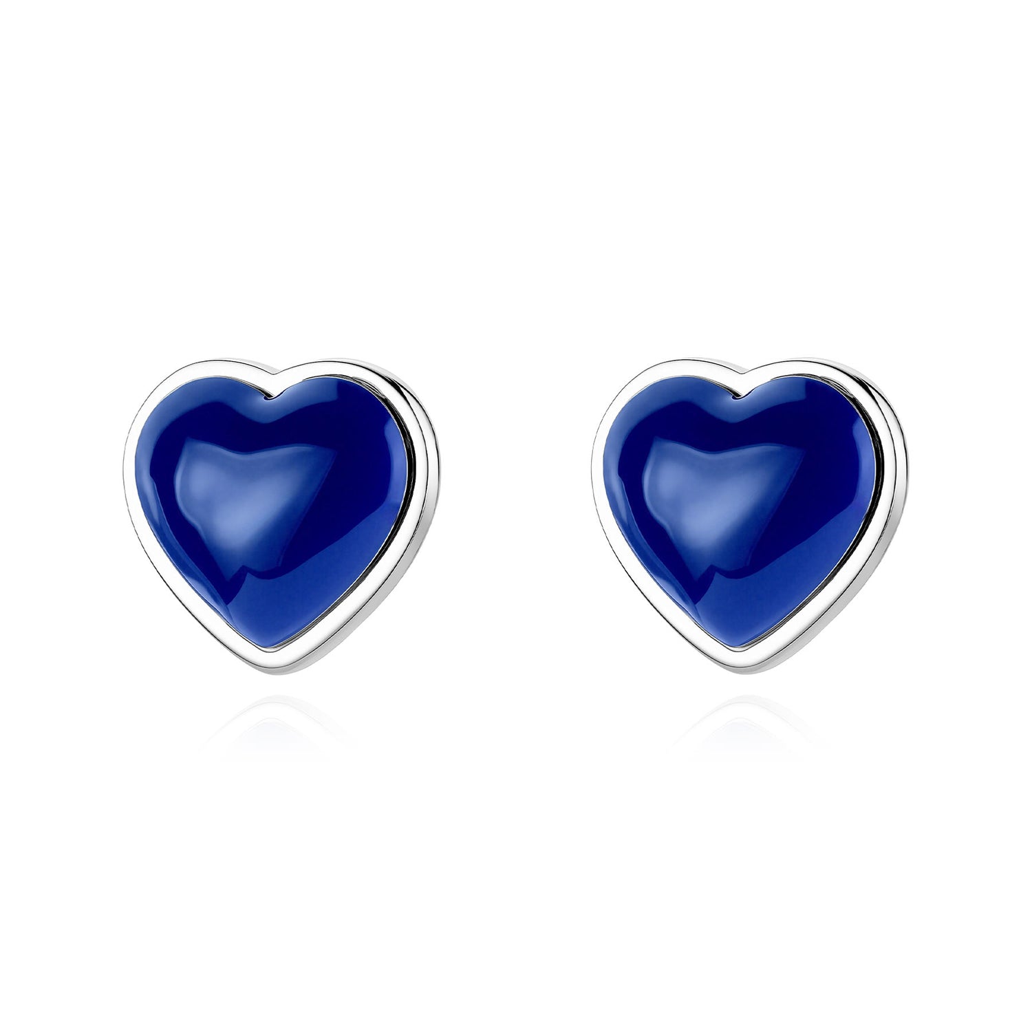 Orecchini a cuore S'Agapõ della collezione Madame in acciaio lucido, caratterizzato da due medaglioni con dentro una pietra blu zaffiro.