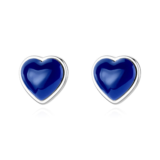 Orecchini a cuore S'Agapõ della collezione Madame in acciaio lucido, caratterizzato da due medaglioni con dentro una pietra blu zaffiro.