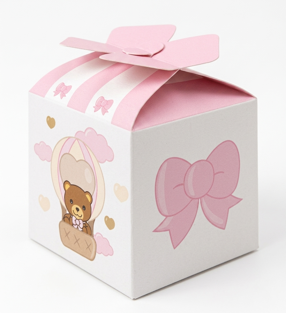 Scatolina porta confetti di forma cubica con chiusura a fiocco rosa superiore, decorata con illustrazioni di un orsetto in mongolfiera e grandi fiocchi rosa su sfondo bianco.