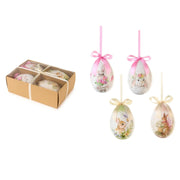 Set da 4 uova decorative della collezione "Dorothy" di Nuvole di Stoffa, pensate come addobbi pasquali da appendere per l'albero di Pasqua o per creare composizioni primaverili. Ogni uovo presenta illustrazioni in stile acquerello con teneri coniglietti, fiori, tulipani e margherite, rifinito nella parte superiore da un elegante nastro in raso con fiocco nei toni del rosa e del panna.