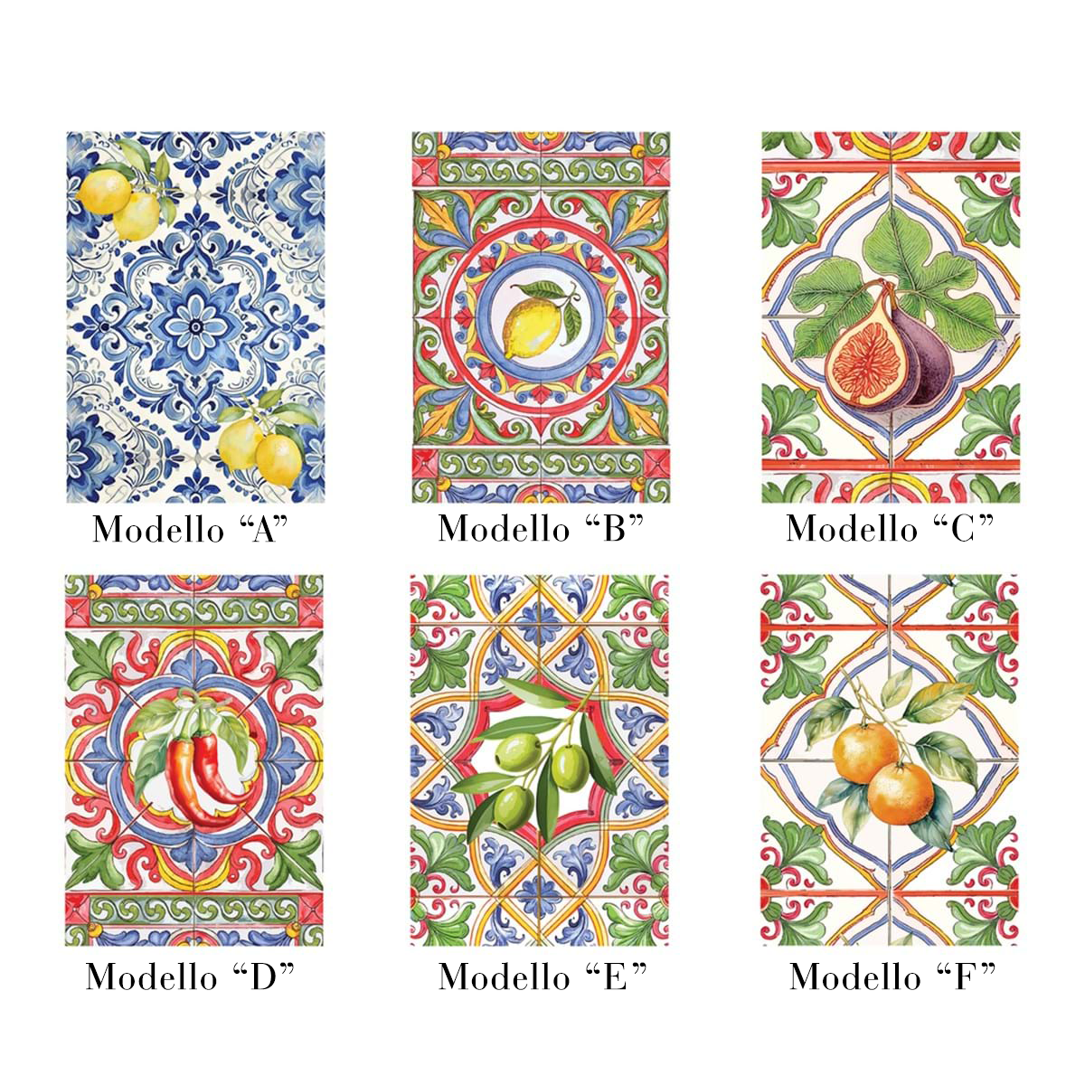 Set di 6 canovacci Blanc Mariclo' linea Tropea con stampe maiolica siciliana. Decori artistici con limoni, fichi, peperoncini, olive e arance su motivi floreali barocchi colorati.