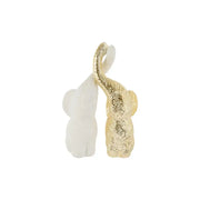 Set di due elefantini decorativi in porcellana bianco e oro firmati Le Stelle, caratterizzati da una finitura lucida impreziosita da una trama geometrica a rilievo con effetto 3D e trombe sollevate che si incrociano. Queste due raffinate statuine di elefanti di design rappresentano un complemento d'arredo moderno e portafortuna, ideale come bomboniera di classe o originale oggetto ornamentale per la casa.
