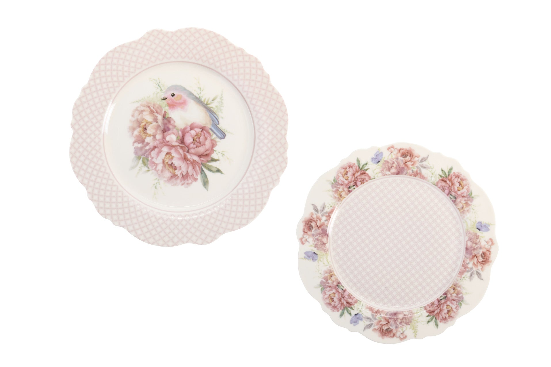Set due Piatti new bone in porcellana Nuvole di Stoffa con stampa primaverile di grandi fiori rosa e peonie. Bordo rifinito con motivi ornamentali classici e cornice rosa cipria. Per tavole romantiche e shabby chic.