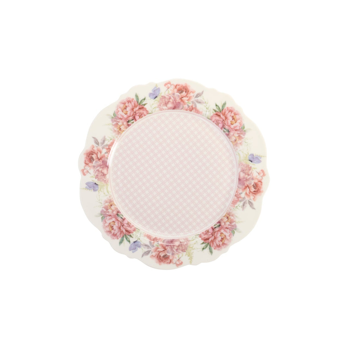 Set due Piatti new bone in porcellana Nuvole di Stoffa con stampa primaverile di grandi fiori rosa e peonie. Bordo rifinito con motivi ornamentali classici e cornice rosa cipria. Per tavole romantiche e shabby chic.