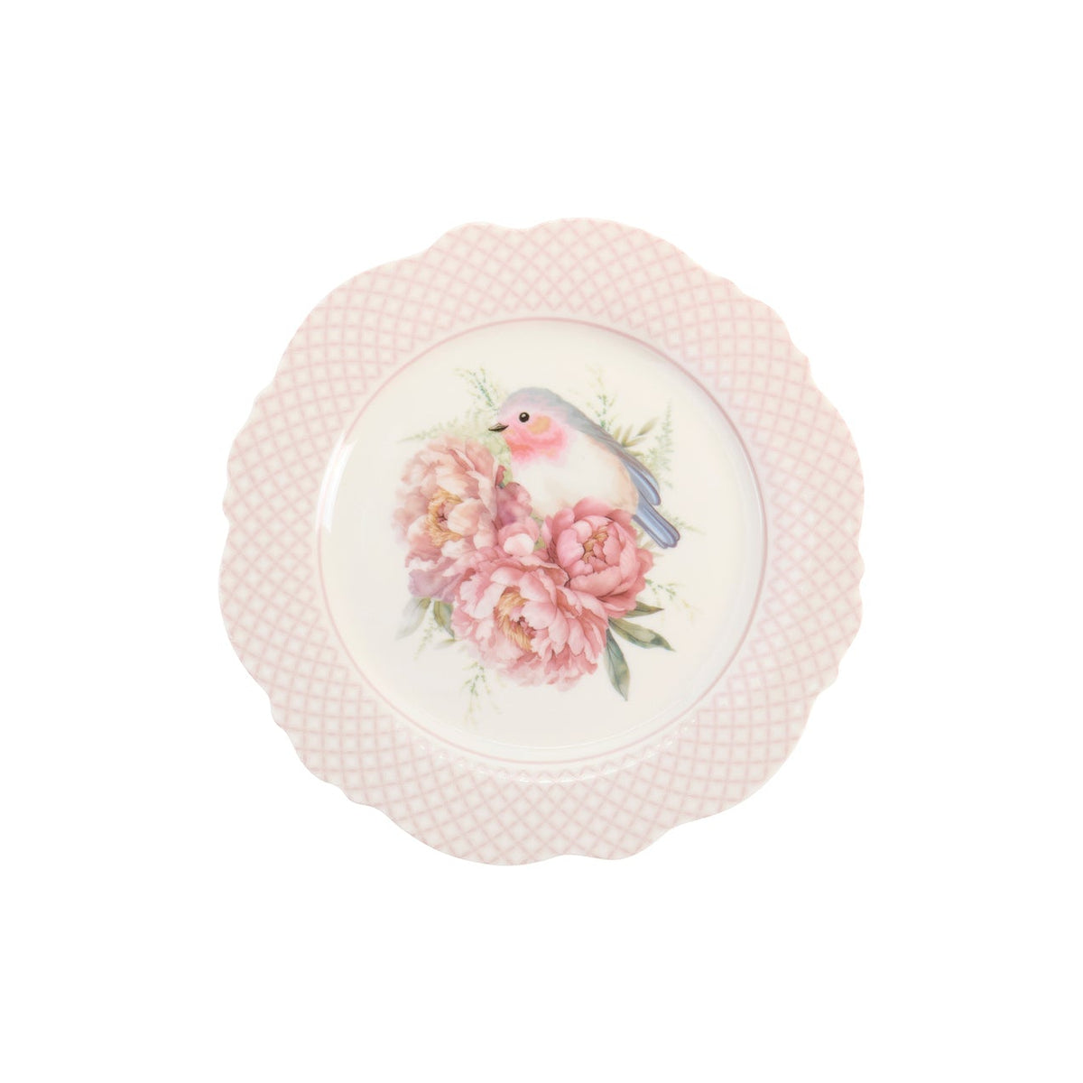Set due Piatti new bone in porcellana Nuvole di Stoffa con stampa primaverile di grandi fiori rosa e peonie. Bordo rifinito con motivi ornamentali classici e cornice rosa cipria. Per tavole romantiche e shabby chic.