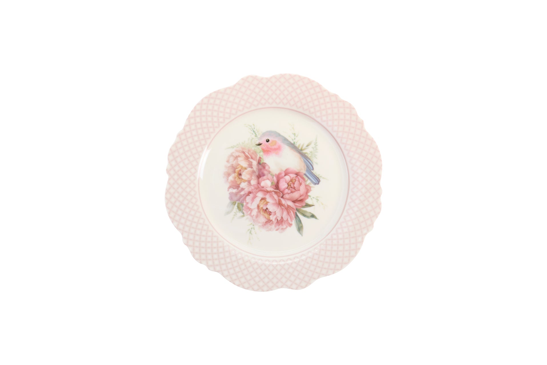 Set due Piatti new bone in porcellana Nuvole di Stoffa con stampa primaverile di grandi fiori rosa e peonie. Bordo rifinito con motivi ornamentali classici e cornice rosa cipria. Per tavole romantiche e shabby chic.