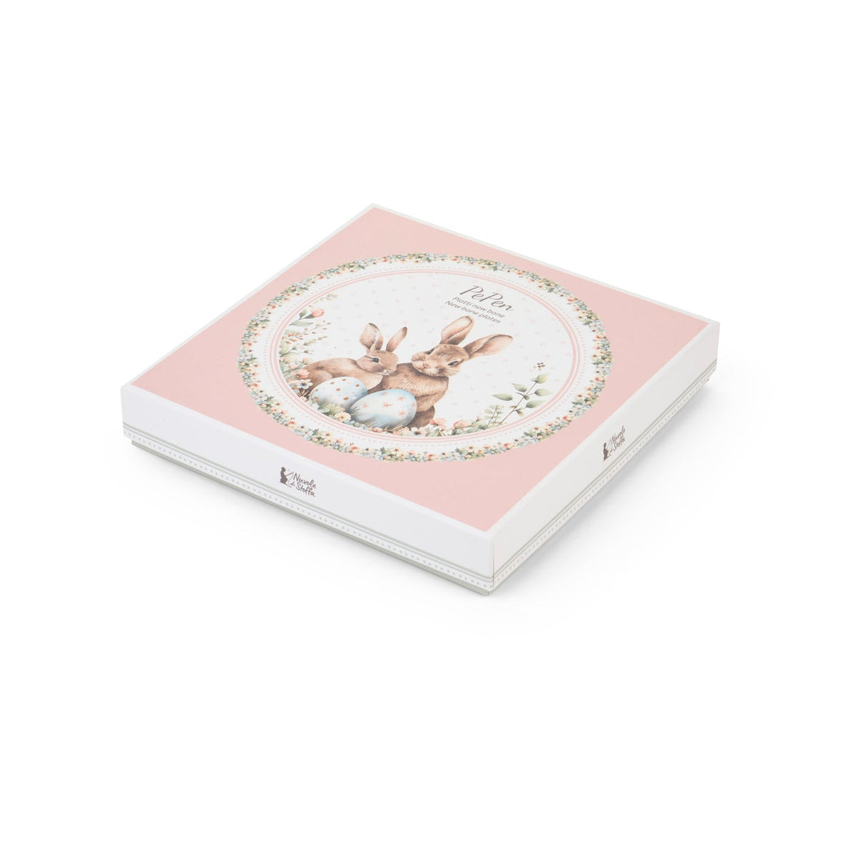 Set dolce Nuvole di Stoffa linea PePen con due piatti in porcellana. Decorazione pasquale con ghirlanda di coniglietti, uova colorate e fiori di campo. Confezione regalo inclusa, stile shabby chic.