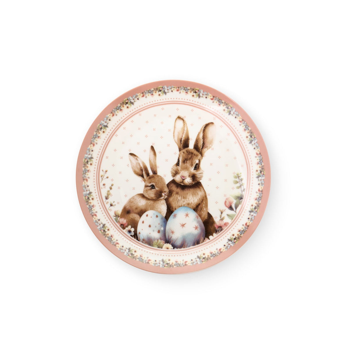 Set dolce Nuvole di Stoffa linea PePen con due piatti in porcellana. Decorazione pasquale con ghirlanda di coniglietti, uova colorate e fiori di campo. Confezione regalo inclusa, stile shabby chic.