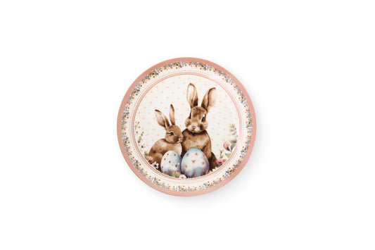 Set dolce Nuvole di Stoffa linea PePen con due piatti in porcellana. Decorazione pasquale con ghirlanda di coniglietti, uova colorate e fiori di campo. Confezione regalo inclusa, stile shabby chic.