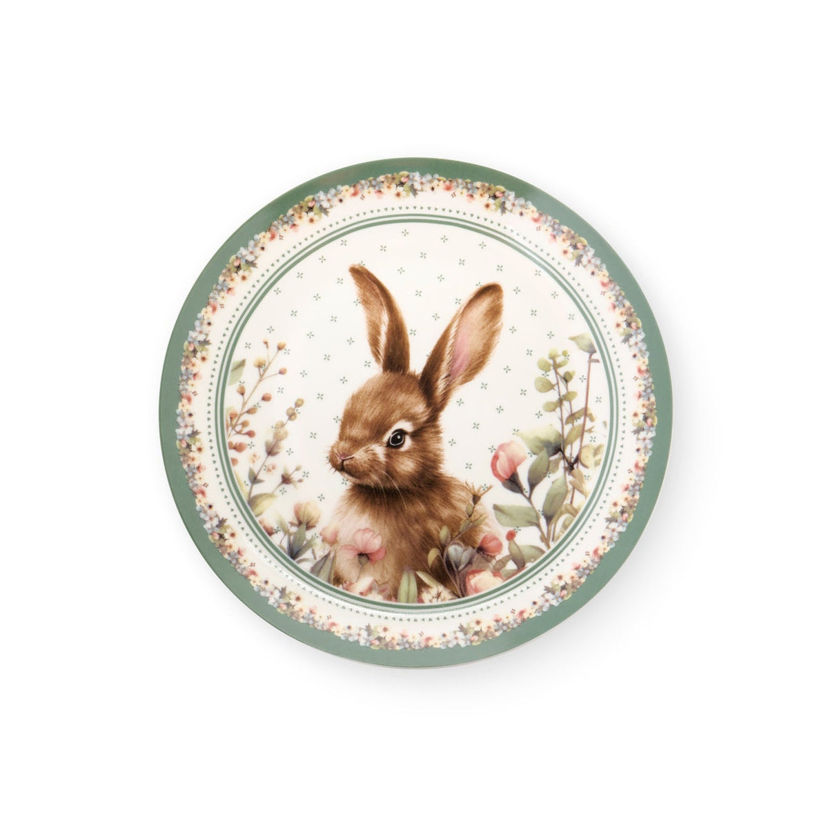 Set dolce Nuvole di Stoffa linea PePen con due piatti in porcellana. Decorazione pasquale con ghirlanda di coniglietti, uova colorate e fiori di campo. Confezione regalo inclusa, stile shabby chic.