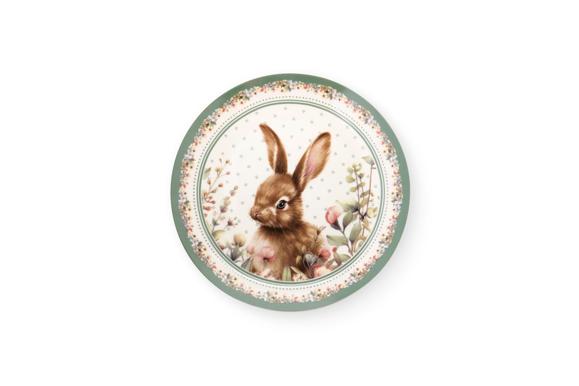 Set dolce Nuvole di Stoffa linea PePen con due piatti in porcellana. Decorazione pasquale con ghirlanda di coniglietti, uova colorate e fiori di campo. Confezione regalo inclusa, stile shabby chic.