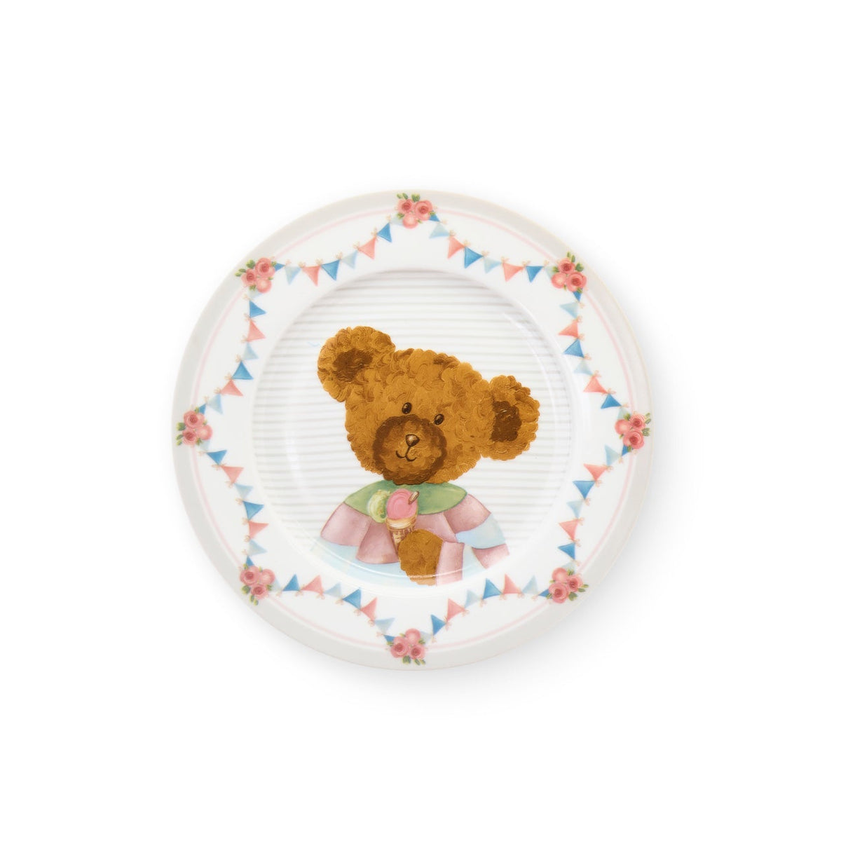 Set 2 piatti da dolce Nuvole di Stoffa linea Sweet Bear in porcellana con scatola regalo coordinata. Un piatto presenta un grande orsetto centrale con gelato, l'altro una ghirlanda di piccoli orsetti e rose su fondo a righe.