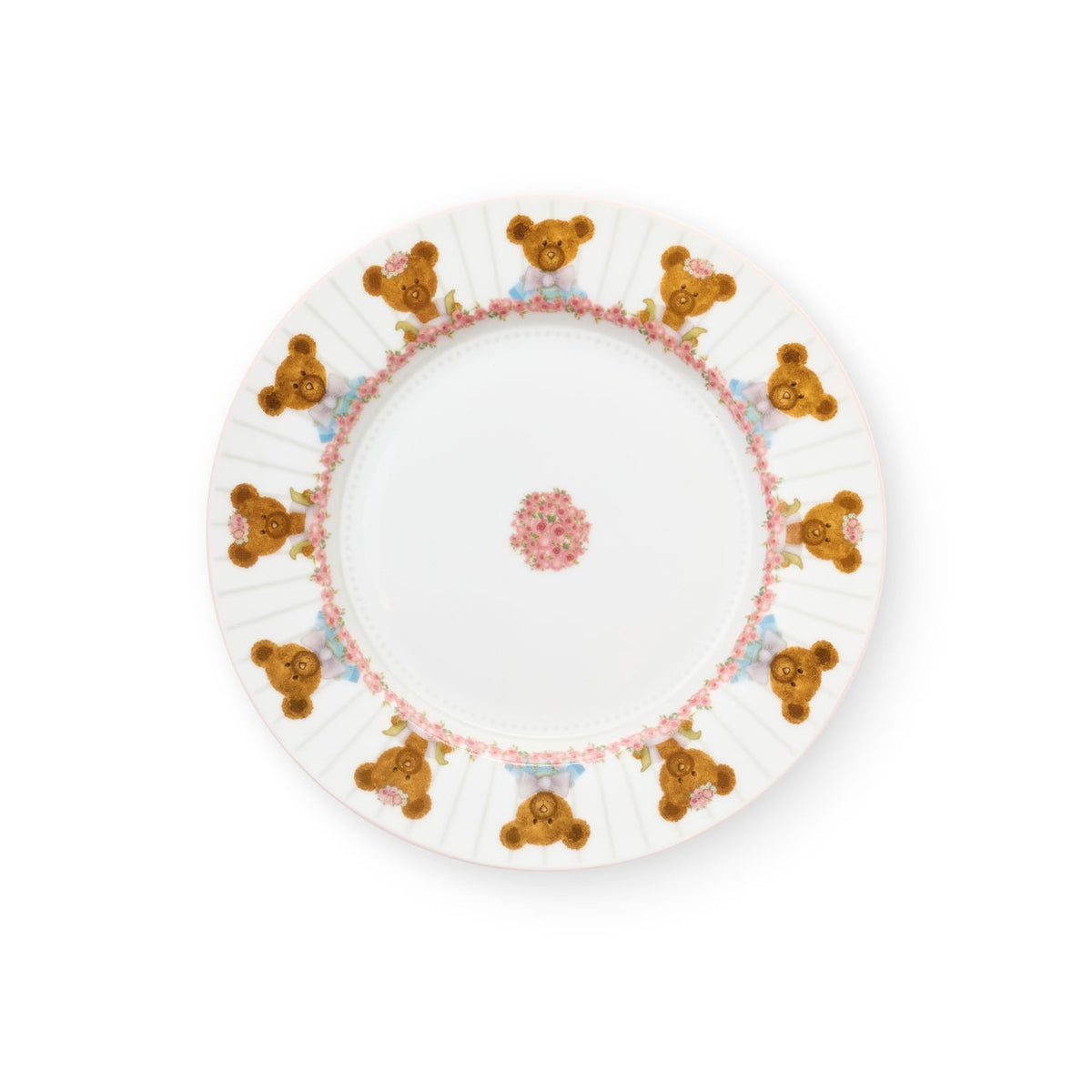 Set 2 piatti da dolce Nuvole di Stoffa linea Sweet Bear in porcellana con scatola regalo coordinata. Un piatto presenta un grande orsetto centrale con gelato, l'altro una ghirlanda di piccoli orsetti e rose su fondo a righe.