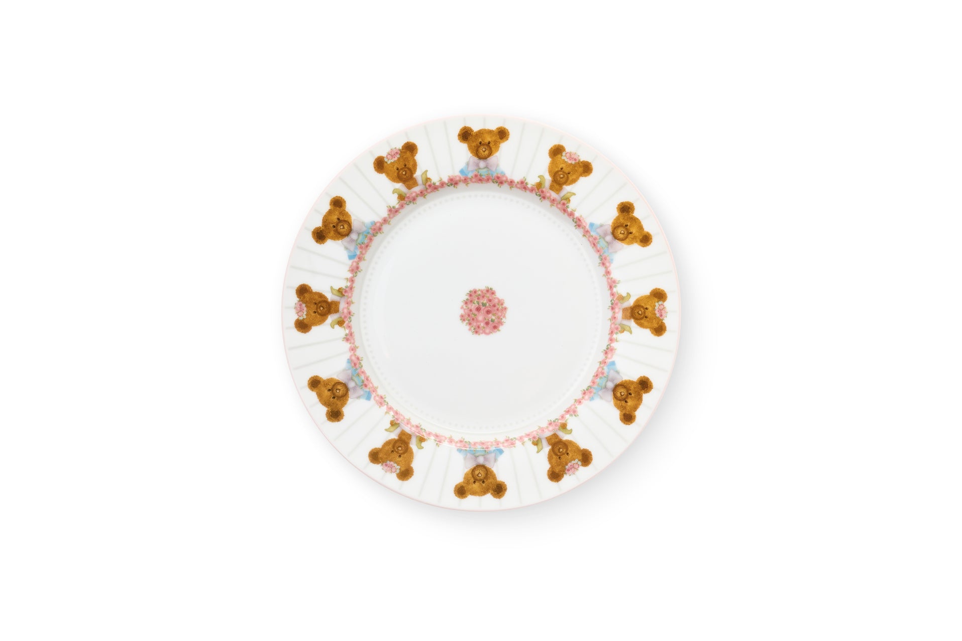 Set 2 piatti da dolce Nuvole di Stoffa linea Sweet Bear in porcellana con scatola regalo coordinata. Un piatto presenta un grande orsetto centrale con gelato, l'altro una ghirlanda di piccoli orsetti e rose su fondo a righe.