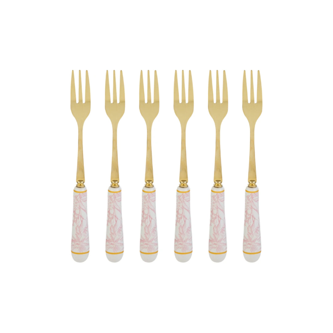 Set di 6 forchettine da dolce con decoro rosa firmato Le Stelle, caratterizzato da rebbi in metallo color oro e raffinati manici in porcellana bianca decorati con delicati motivi floreali rosa. Questo elegante servizio di posate da dessert di design è accompagnato dalla sua scatola regalo quadrata coordinata con la stessa fantasia botanica, perfetto come bomboniera di classe o idea regalo home decor.