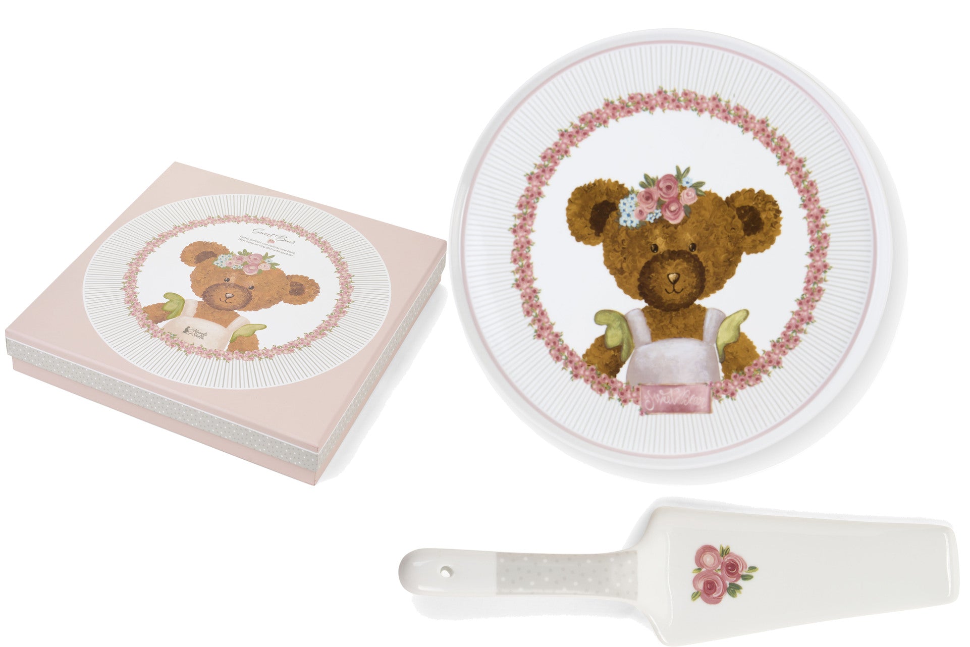 Set Piattino e paletta Nuvole di Stoffa linea Sweet Bear per Pasqua 2026. Medaglione centrale con orsetta e ghirlanda di rose e bordi a righe sottili. Decorazione tenera per cameretta o tavola.