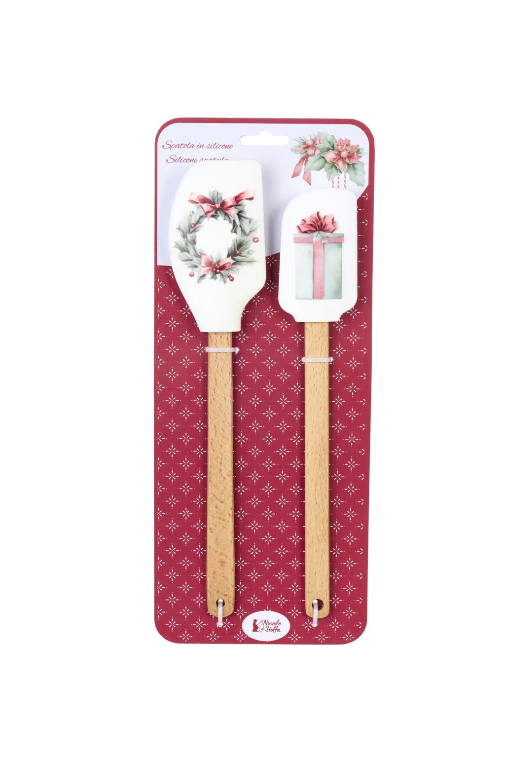 Spatola grande: Caratterizzata da una corona di vischio e bacche con un fiocco scozzese.

Spatola piccola: Decorata con un raffinato pacchetto regalo color acqua marina e fiocco rosa.