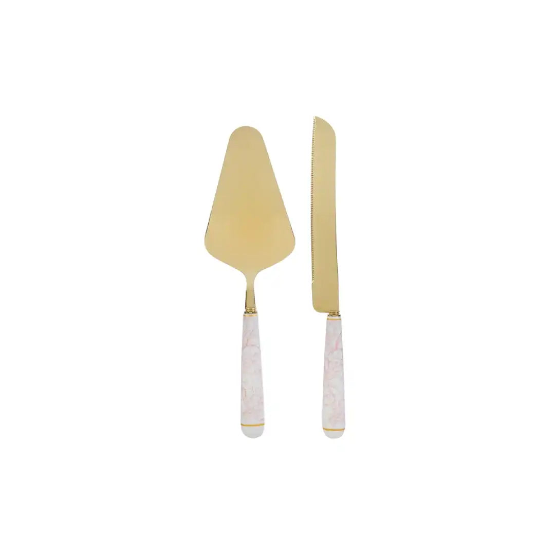 Set da servizio taglia torta da due pezzi oro con decoro rosa firmato Le Stelle, composto da una paletta e un coltello da dolci in metallo dorato con eleganti manici in porcellana bianca decorati da motivi floreali rosati. Questo raffinato set di posate per dolci è completato da una custodia regalo rettangolare coordinata con la stessa fantasia botanica, ideale come bomboniera di classe o idea regalo per occasioni speciali.