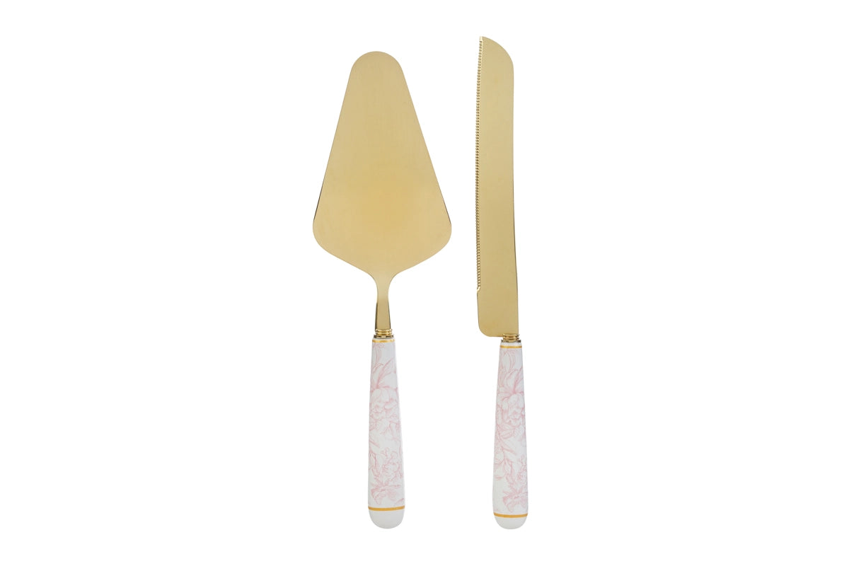 Set da servizio taglia torta da due pezzi oro con decoro rosa firmato Le Stelle, composto da una paletta e un coltello da dolci in metallo dorato con eleganti manici in porcellana bianca decorati da motivi floreali rosati. Questo raffinato set di posate per dolci è completato da una custodia regalo rettangolare coordinata con la stessa fantasia botanica, ideale come bomboniera di classe o idea regalo per occasioni speciali.