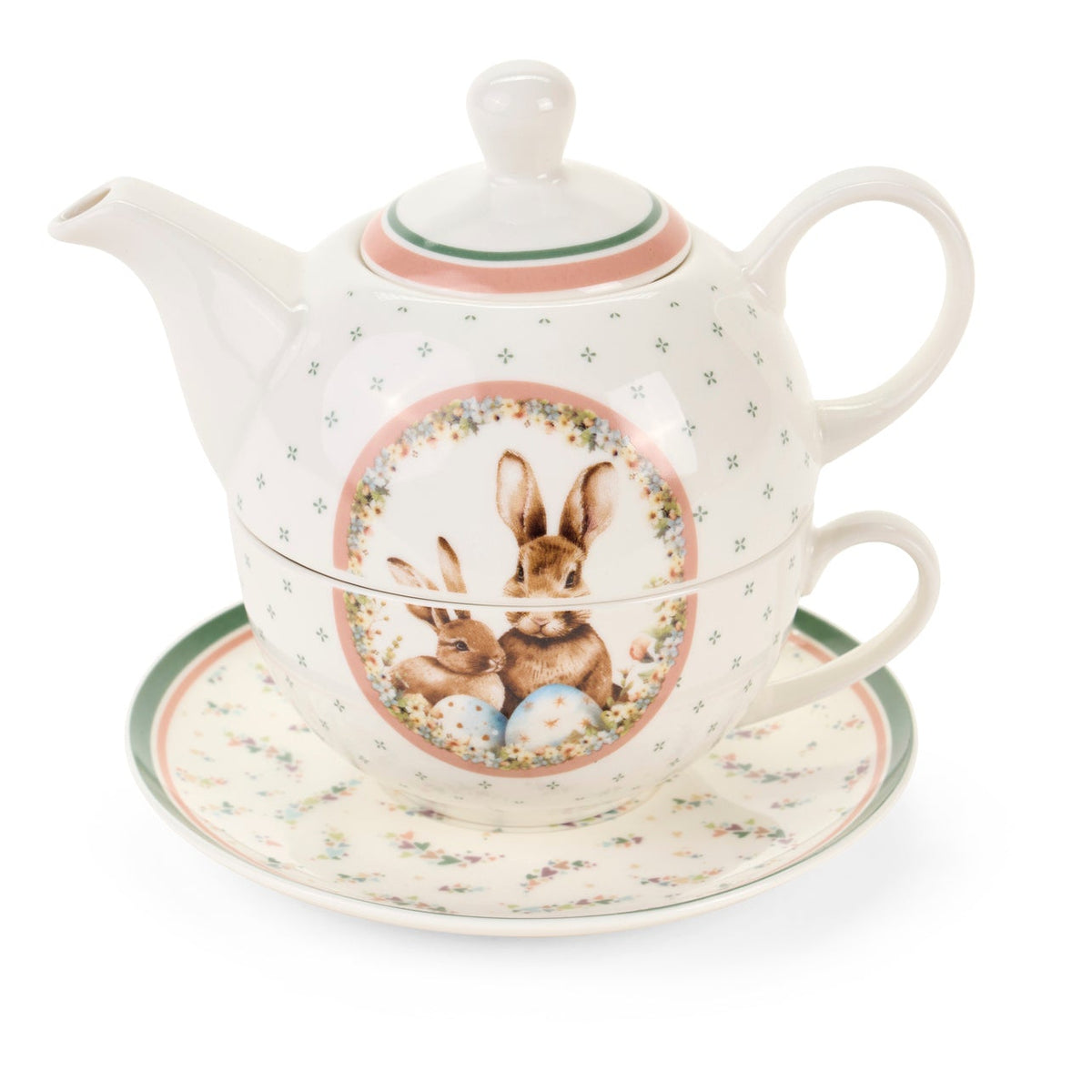 Dolce set Nuvole di Stoffa linea PePen con teiera, tazza e piattino in porcellana. Decorazione pasquale con ghirlanda di coniglietti, uova colorate e fiori di campo. Confezione regalo inclusa, stile shabby chic.