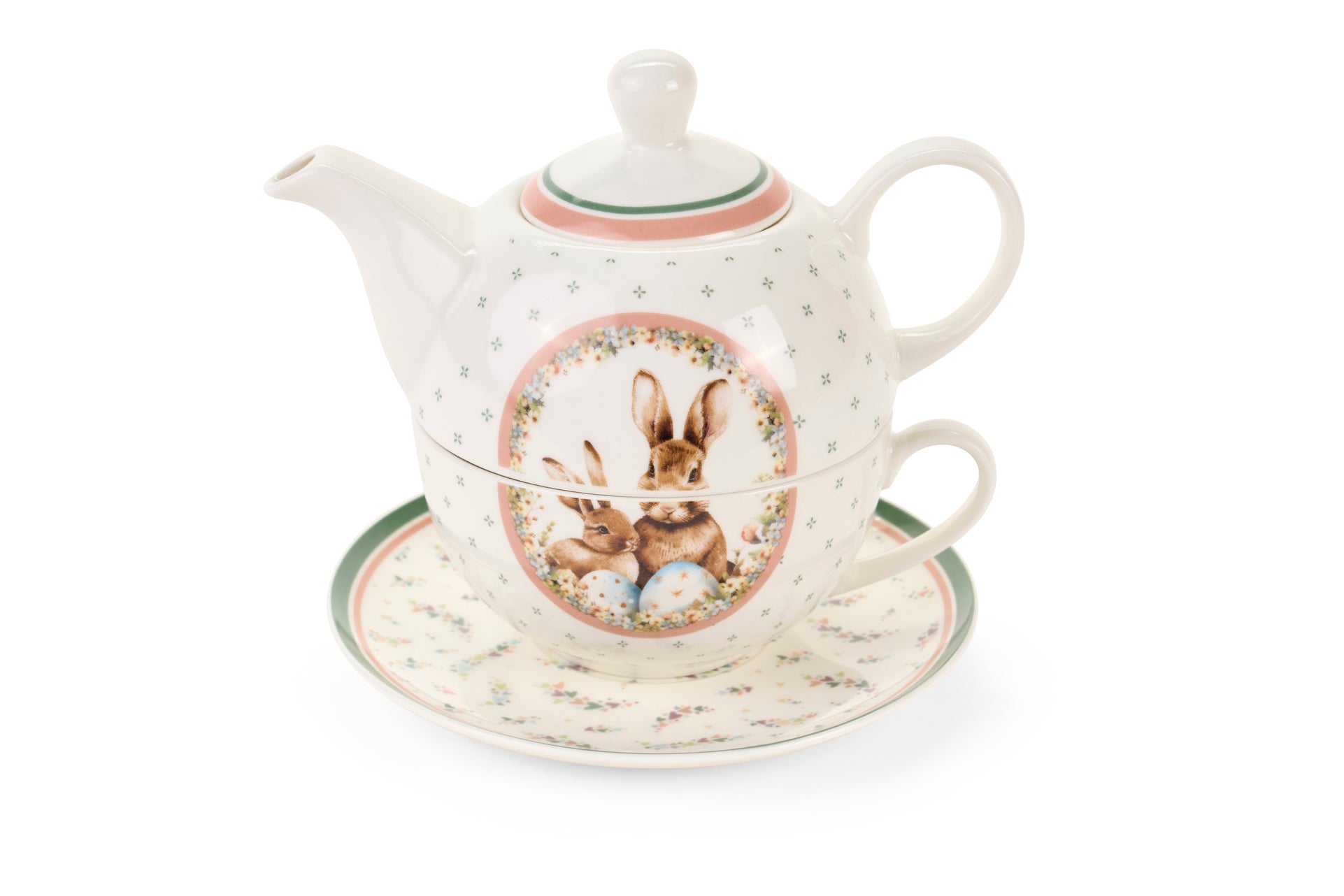 Dolce set Nuvole di Stoffa linea PePen con teiera, tazza e piattino in porcellana. Decorazione pasquale con ghirlanda di coniglietti, uova colorate e fiori di campo. Confezione regalo inclusa, stile shabby chic.