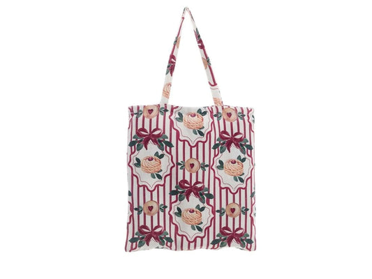 Shopper in tessuto Blanc Mariclo con fantasia a righe verticali rosse e panna. Il decoro presenta piccoli pasticcini natalizi incorniciati, fiocchi rossi e foglie verdi distribuite uniformemente.