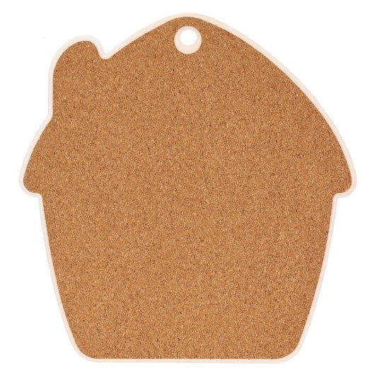 La parte posteriore è interamente rivestita da uno strato di sughero naturale marrone chiaro, dalla caratteristica consistenza granulosa, che funge da materiale antiscivolo e isolante. Il sughero segue fedelmente la sagoma dell'oggetto, lasciando visibile solo un sottile bordo perimetrale