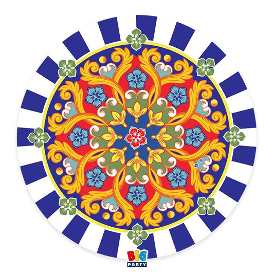 Un piatto di carta usa e getta della linea "Sicilia" di Big Party. Il design richiama l'estetica dei carretti siciliani, con una vivace decorazione a ruota e motivi geometrici nei toni del rosso, giallo e blu su sfondo bianco. Al centro spicca l'illustrazione di greche ornamentali colorate.