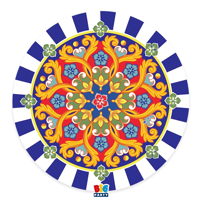 Un piatto di carta usa e getta della linea "Sicilia" di Big Party. Il design richiama l'estetica dei carretti siciliani, con una vivace decorazione a ruota e motivi geometrici nei toni del rosso, giallo e blu su sfondo bianco. Al centro spicca l'illustrazione di greche ornamentali colorate.
