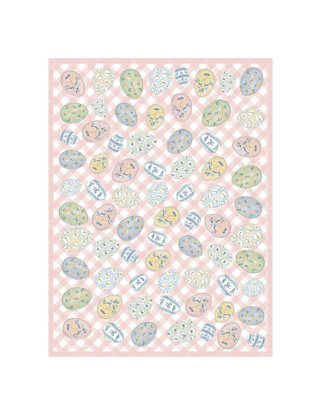 Tovaglia rettangolare della collezione "Pretty Easter" caratterizzata da una base a scacchi bianchi e rosa confetto con una balza in tinta unita sul bordo inferiore. Il tessuto è interamente stampato con uova di Pasqua decorate da motivi floreali, fiocchi gialli e trame geometriche nei toni del pastello, perfetta per apparecchiare la tavola festiva in stile shabby chic.