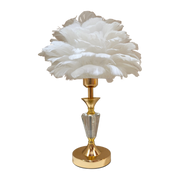 Lampada da tavolo con paralume realizzato in soffici piume panna e crema disposte a formare una nuvola voluminosa, sorretta da un treppiede in metallo dorato e vetro trasparente con cavo nero a vista. Lampada decorativa dal design glamour firmata Sud Import, ideale come complemento d'arredo per il comodino o come idea regalo raffinata.