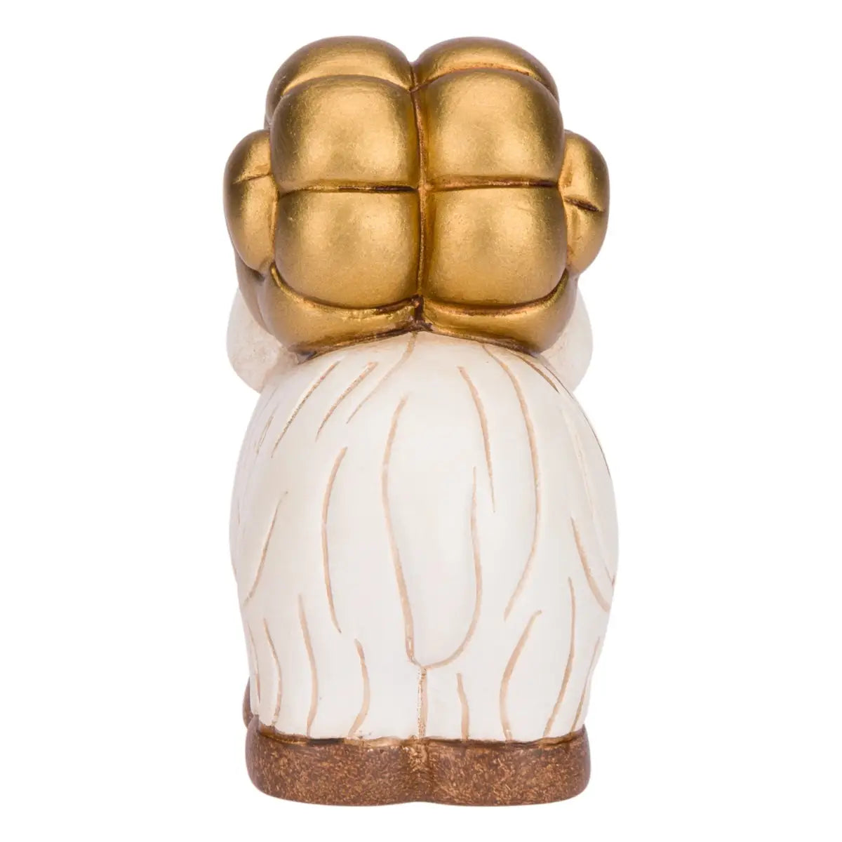 Statuina in ceramica raffigurante un ariete del presepe con folto vello bianco striato e grandi corna dorate arrotolate, zoccoli marroni. Personaggio dal design classico e curato firmato THUN, ideale per arricchire il presepe o come idea regalo natalizia