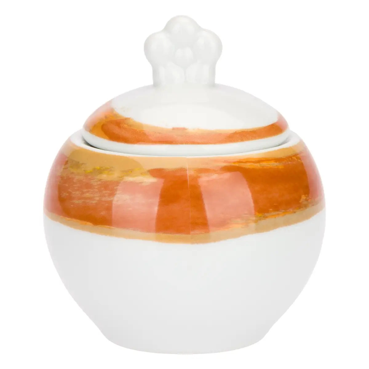 La Zuccheriera con Cucchiaio Tulipani è un elegante accessorio in porcellana bianca decorato con pennellate ambra e un tulipano in rilievo dalle foglie dorate. Il set include un pratico cucchiaino coordinato con la scritta "caffè al volo", rendendolo un complemento d'arredo funzionale e una perfetta idea regalo per amanti del design floreale.