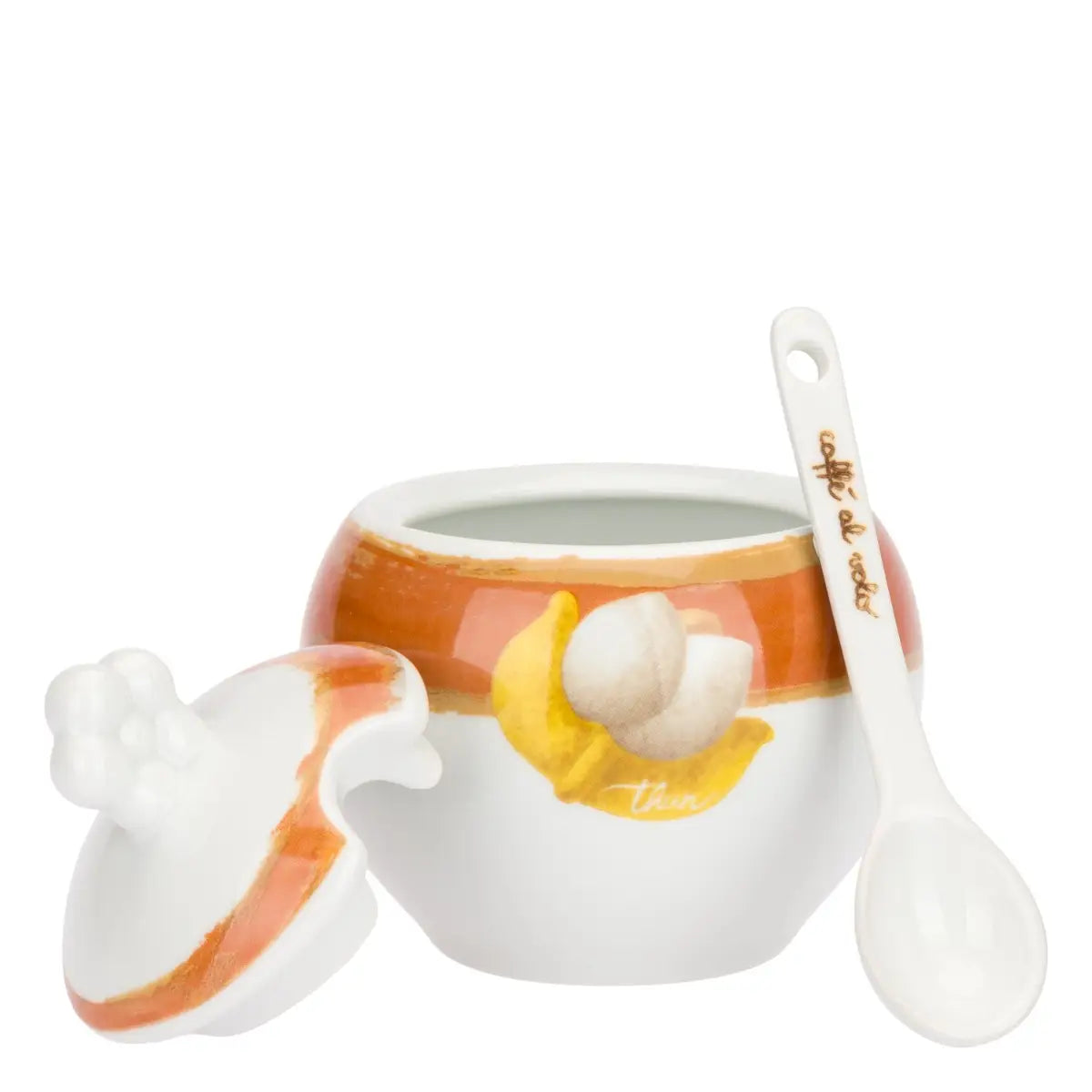 La Zuccheriera con Cucchiaio Tulipani è un elegante accessorio in porcellana bianca decorato con pennellate ambra e un tulipano in rilievo dalle foglie dorate. Il set include un pratico cucchiaino coordinato con la scritta "caffè al volo", rendendolo un complemento d'arredo funzionale e una perfetta idea regalo per amanti del design floreale.