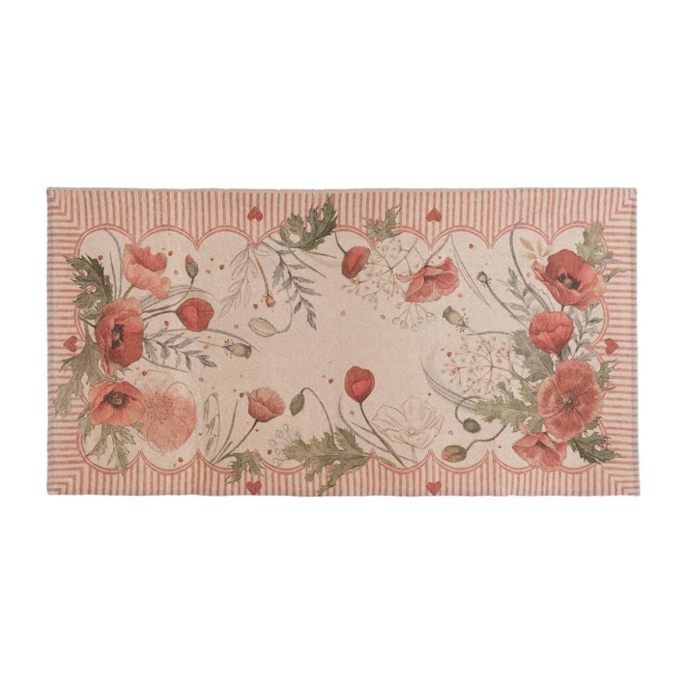 Tappeto Blanc Mariclo' linea Coquelicot con stampa di papaveri rossi e boccioli. Cornice decorativa a righe verticali rosse con piccoli cuori. Design floreale elegante in stile country chic.