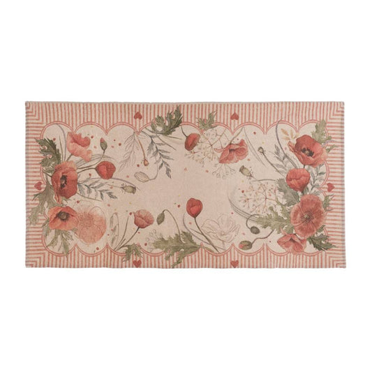 Tappeto Blanc Mariclo' linea Coquelicot con stampa di papaveri rossi e boccioli. Cornice decorativa a righe verticali rosse con piccoli cuori. Design floreale elegante in stile country chic.