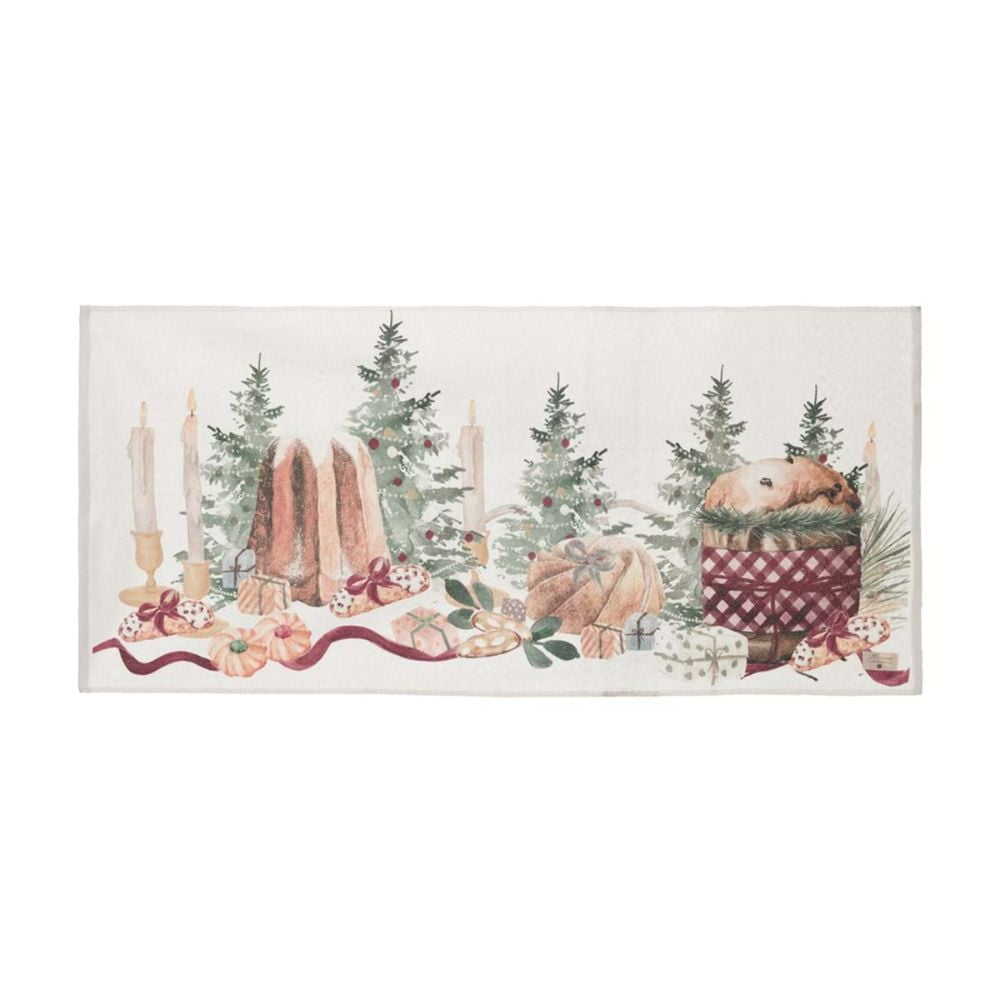 Tappeto passatoia natalizio Blanc Mariclo con stampa "La Patisserie". Il decoro orizzontale su fondo panna include pandoro, panettone, alberi di Natale, candele e dolciumi in stile acquerello.