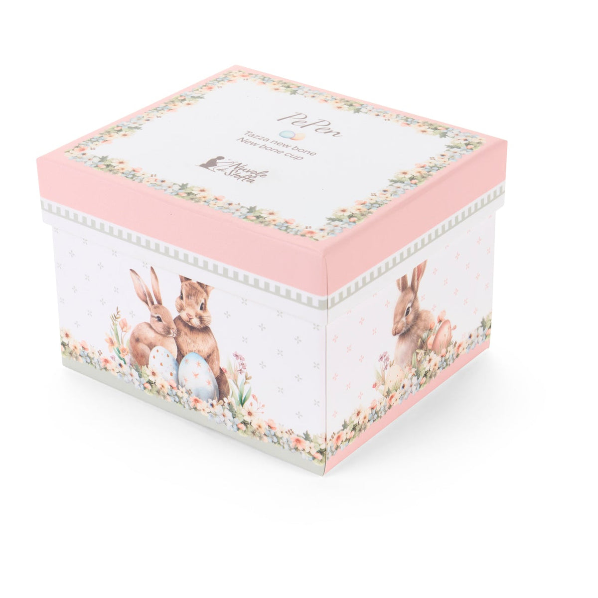 Dolce set Nuvole di Stoffa linea PePen tazza mug alta e box decorata. Decorazione pasquale con ghirlanda di coniglietti, uova colorate e fiori di campo. Confezione regalo inclusa, stile shabby chic.