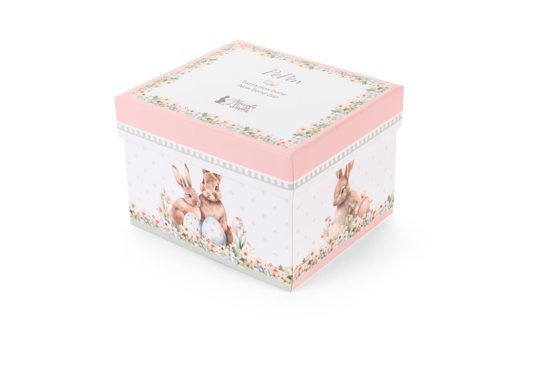 Dolce set Nuvole di Stoffa linea PePen tazza mug alta e box decorata. Decorazione pasquale con ghirlanda di coniglietti, uova colorate e fiori di campo. Confezione regalo inclusa, stile shabby chic.